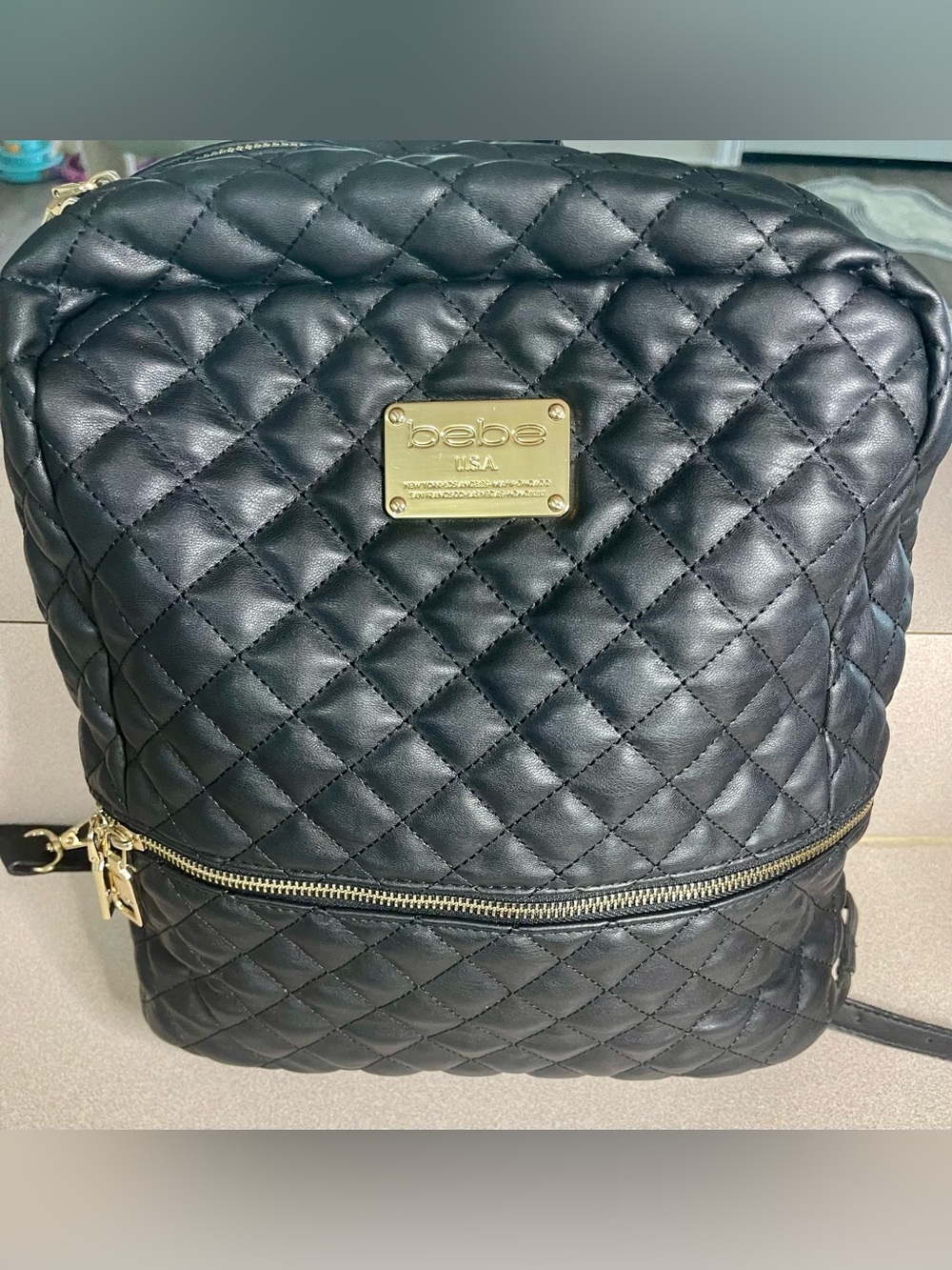 Bebe USA Black Quilted Faux Leather Backpack Gold Hardware Travel School Bag
